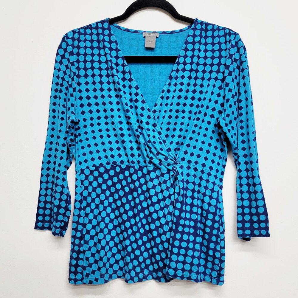 Ann Taylor Blue Geometric 3/4 Sleeve Surplice Knit Top L